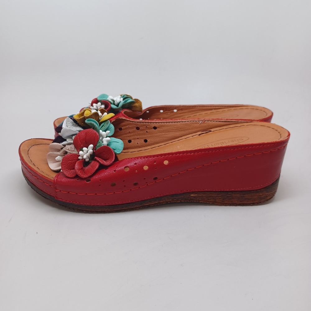 Sheridan Mia Red Leather Floral Wedge Sandals Womens Slides Multi Color Flowers - Picture 2 of 13